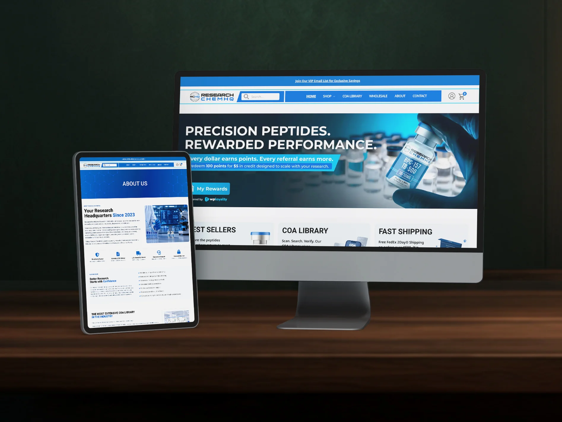 ResearchChemHQ RUO peptide e-commerce website showcased across desktop, tablet, laptop, and mobile devices as a Hatana Marketing case study.