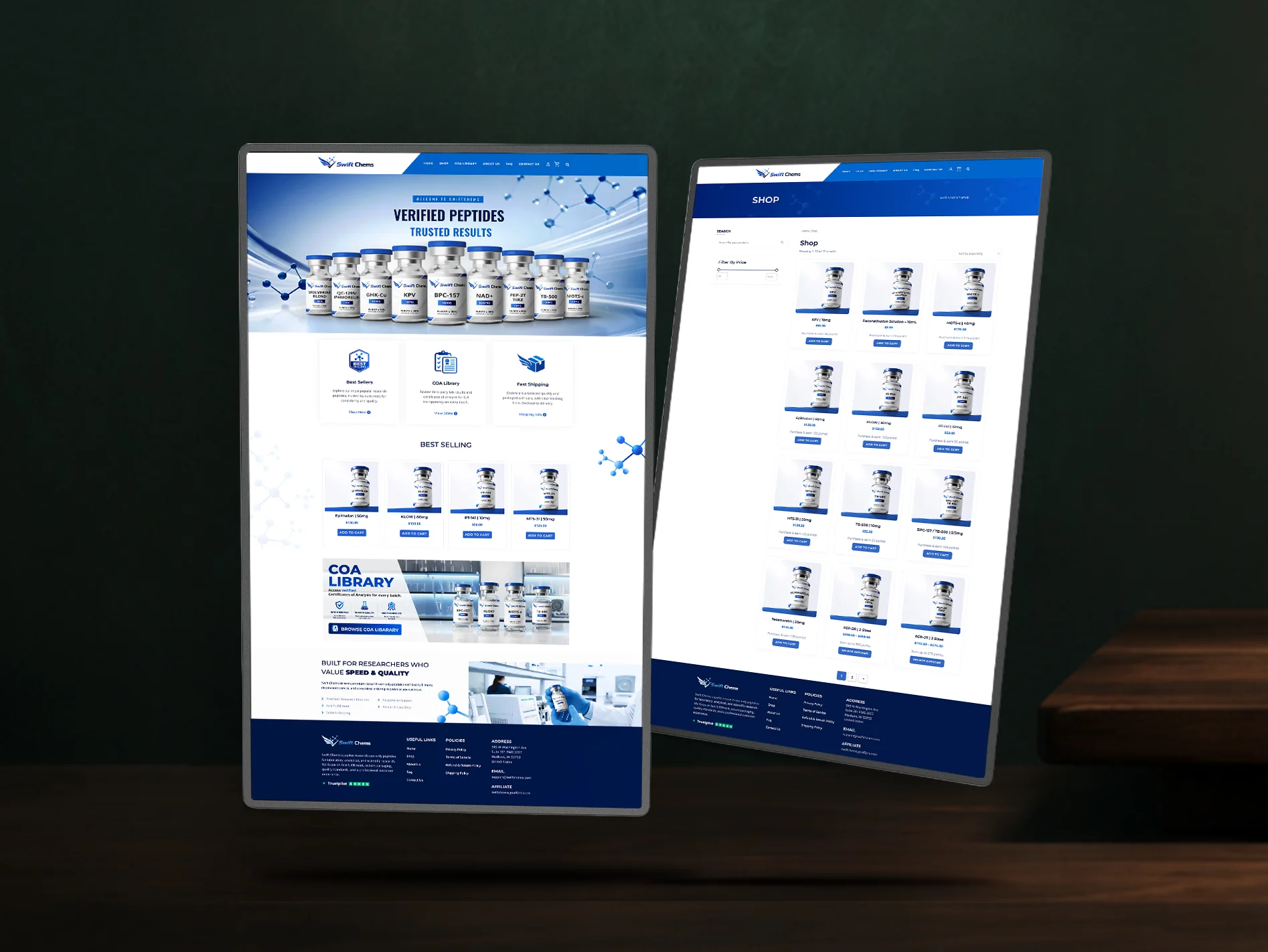 Swift Chems RUO peptide e-commerce website displayed across responsive store pages as a Hatana Marketing portfolio case study.