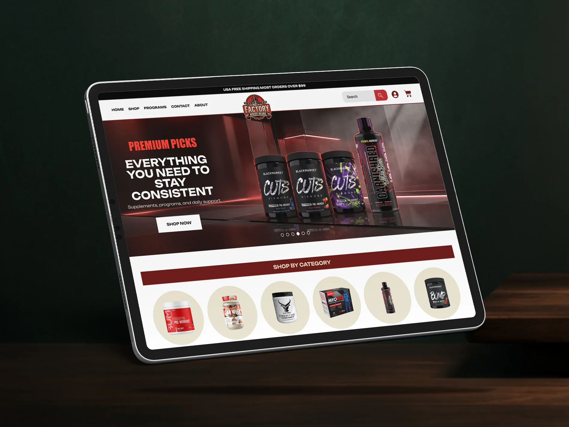 Factory Nutrition & Wellness e-commerce website displayed on a tablet as a Hatana Marketing portfolio case study.