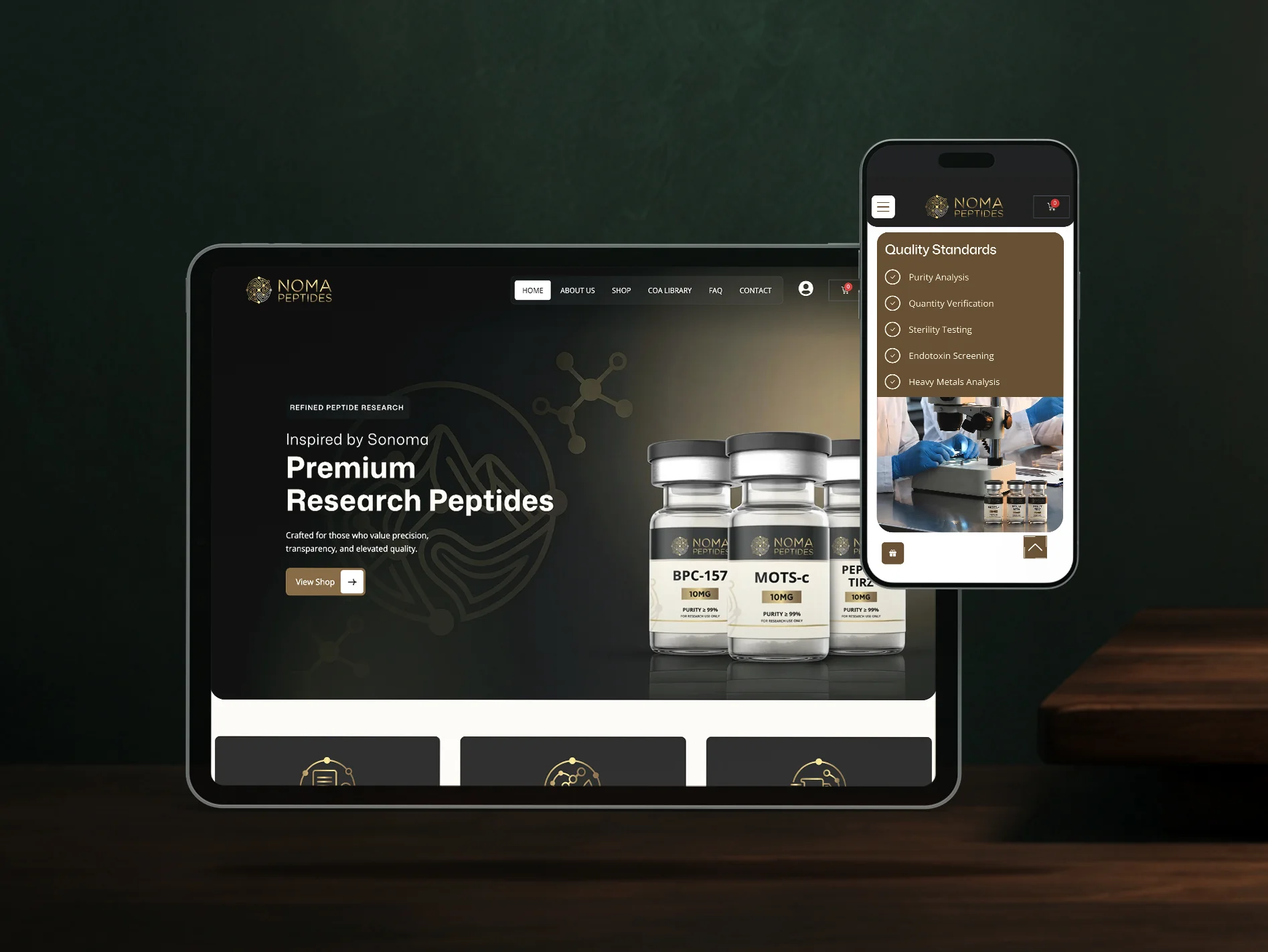 Noma Peptides premium RUO peptide e-commerce website showcased across desktop, laptop, tablet, and mobile devices as a Hatana Marketing portfolio case study.